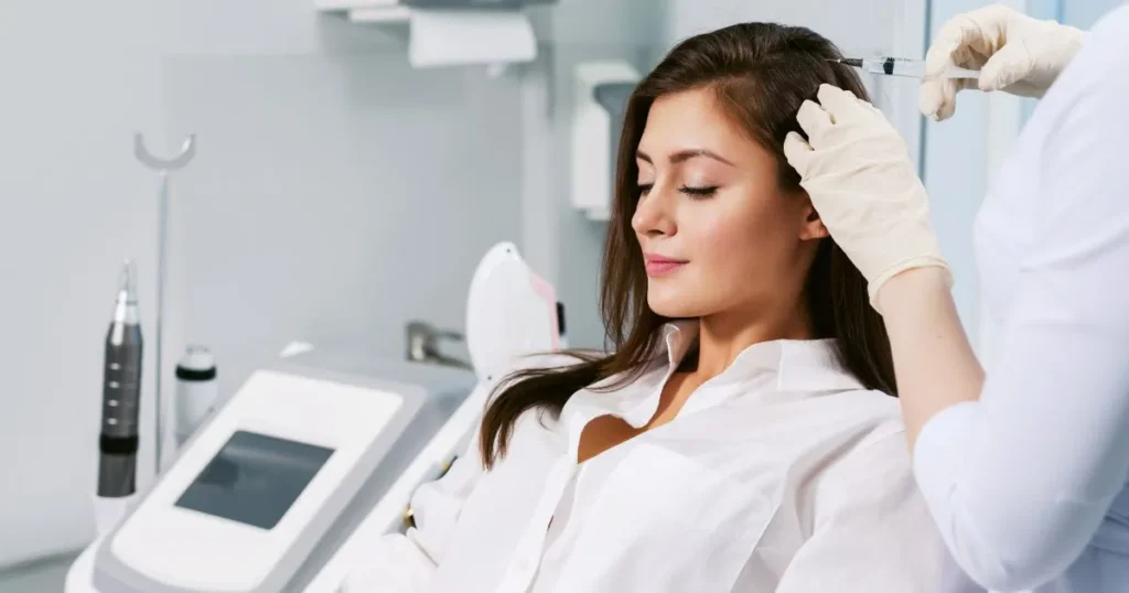 A woman receiving PRF Hair Restoration treatment in her scalp at a clinic in Bothell, WA
