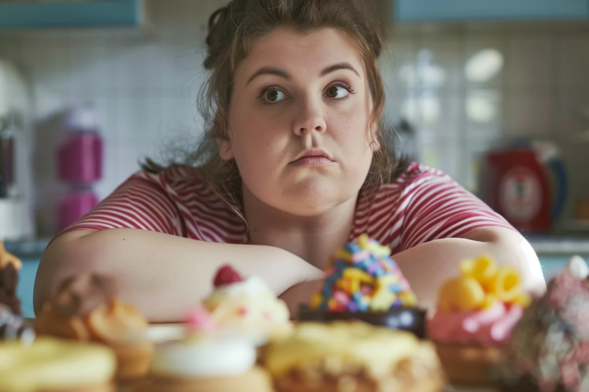 Woman struggling with food cravings surrounded by sugary treats, illustrating the importance of metabolic health management